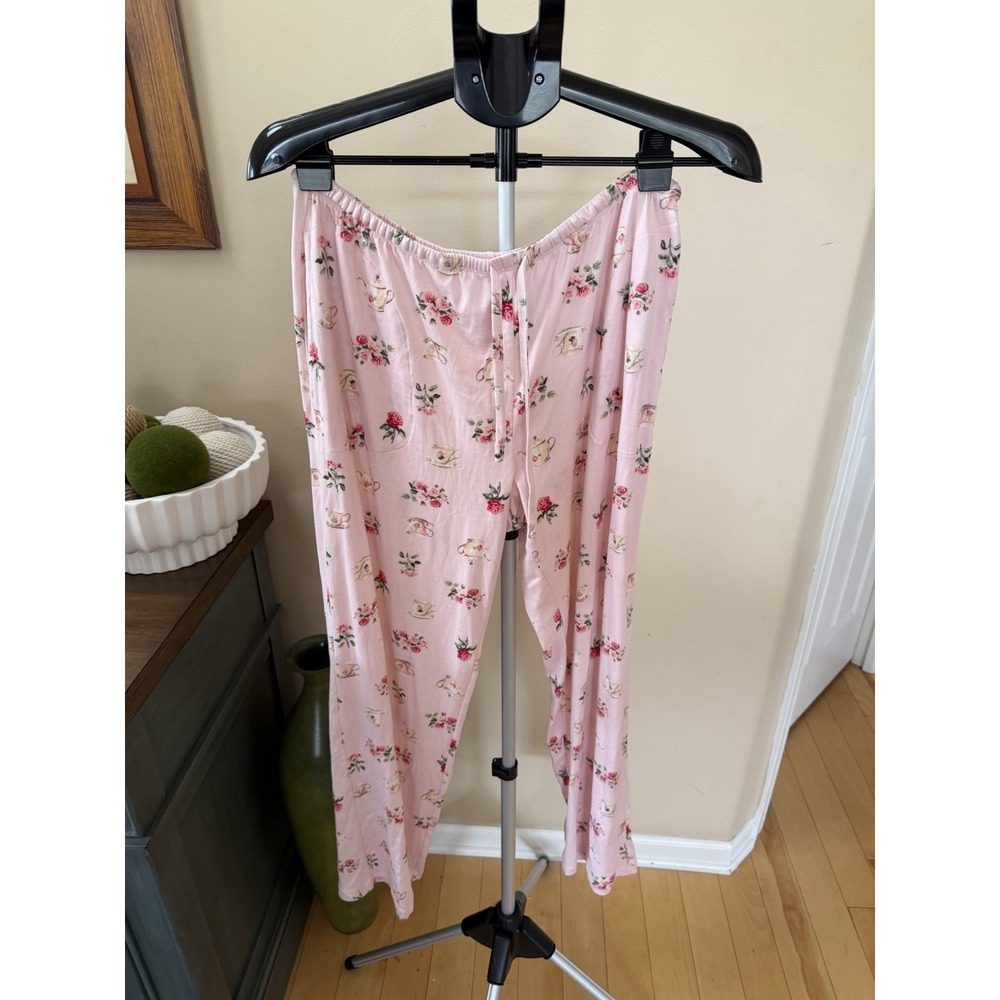 Flora Nikrooz Pajama Set Women's M Pink Tea Cup Rose Print Knit Sleepwear - Picture 5 of 7